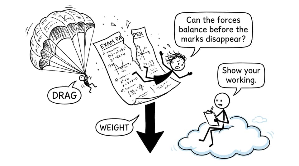 A falling IB student asks whether the forces can balance before the marks disappear