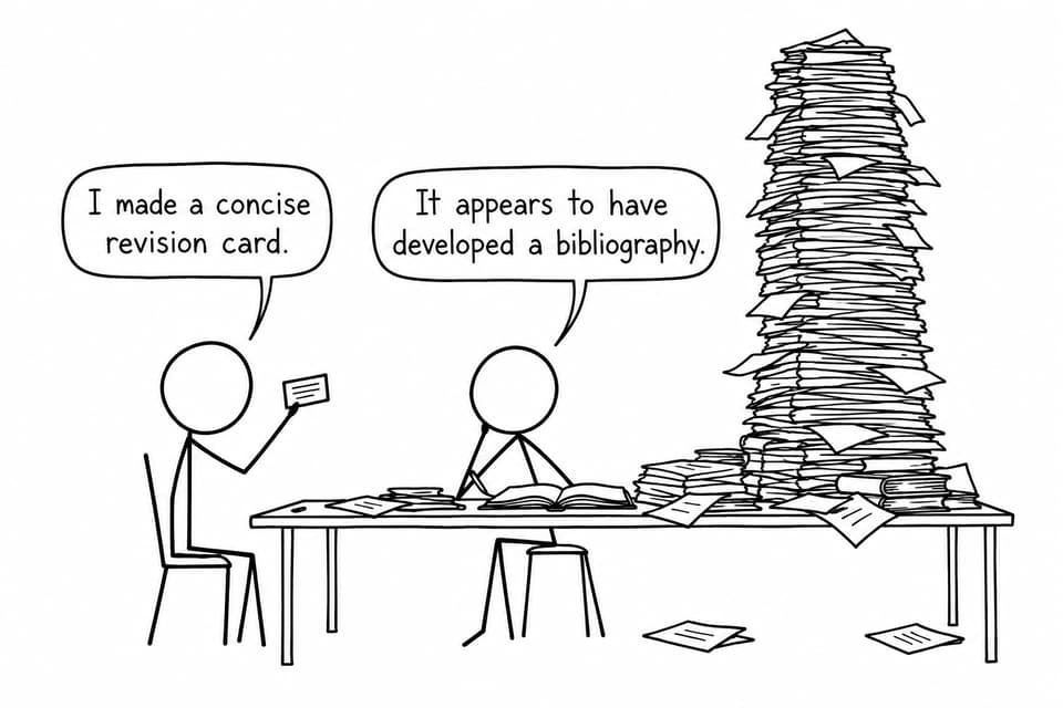 Two students compare a concise revision card with an enormous pile of notes