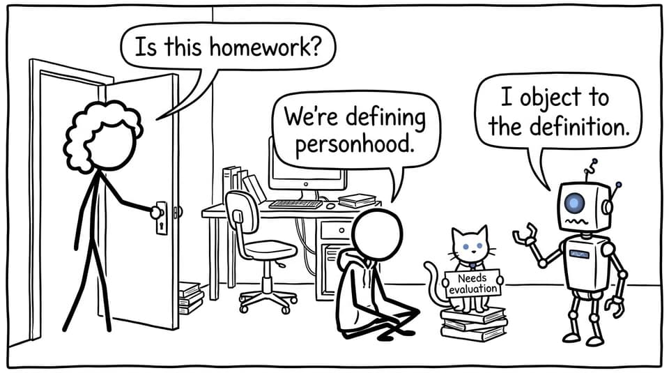 A student debates personhood with a robot while a cat evaluates the argument
