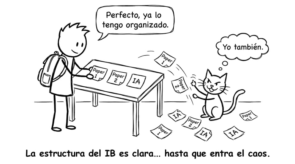 Post-its de Paper 1, Paper 2 e IA con gato caótico