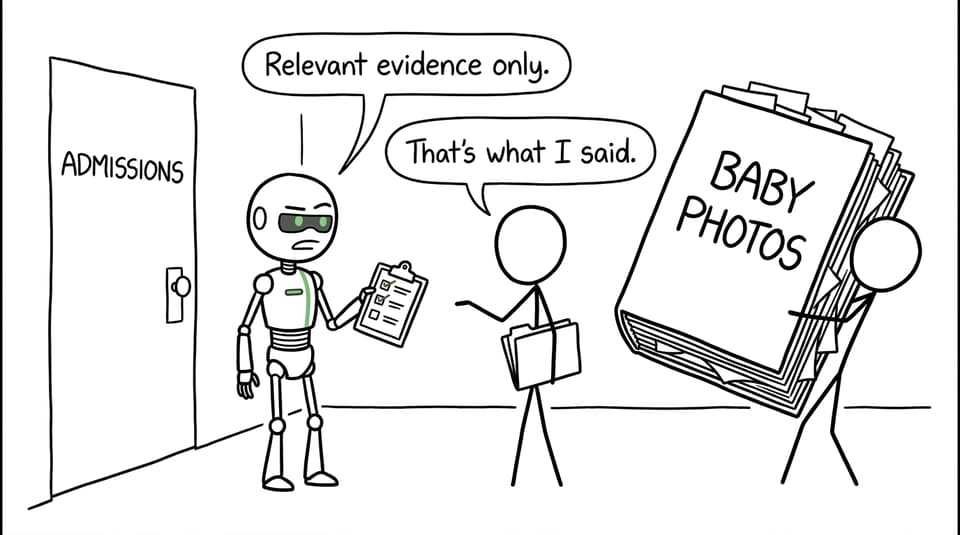 A university admissions robot rejects a parent's enormous scrapbook of baby photos