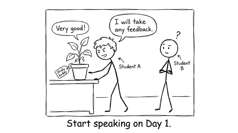 A student practices speaking with a plant labeled as a study buddy