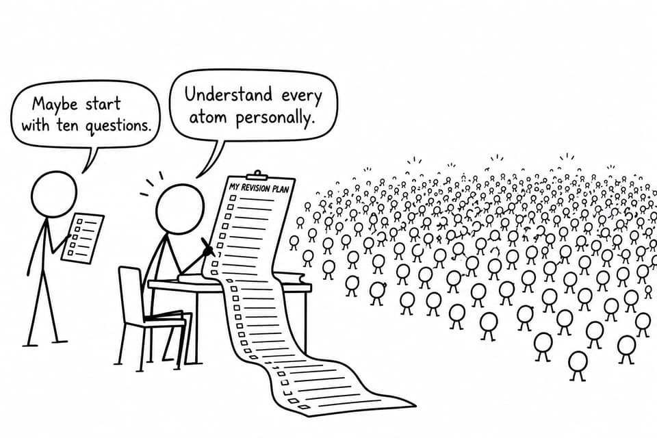 A student tries to interview every atom while another recommends beginning with ten questions