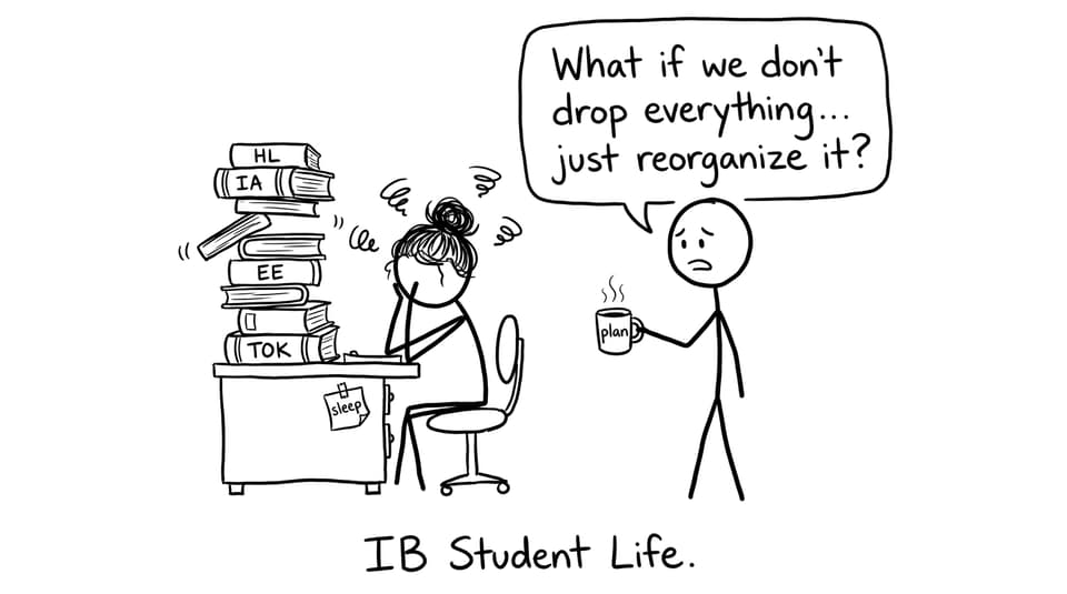Stressed IB student and parent with “plan” tea