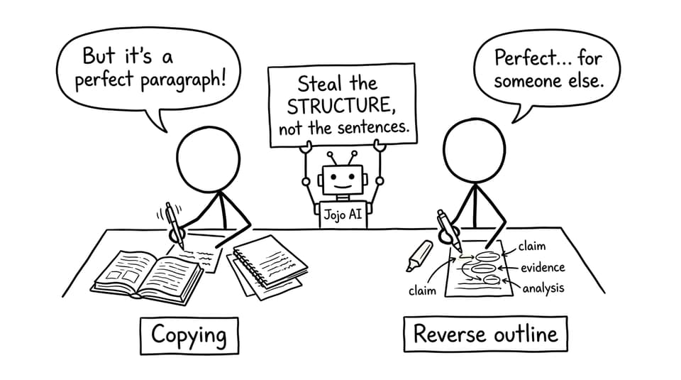 Two students: copying vs reverse outlining, “Steal the STRUCTURE, not the sentences.”