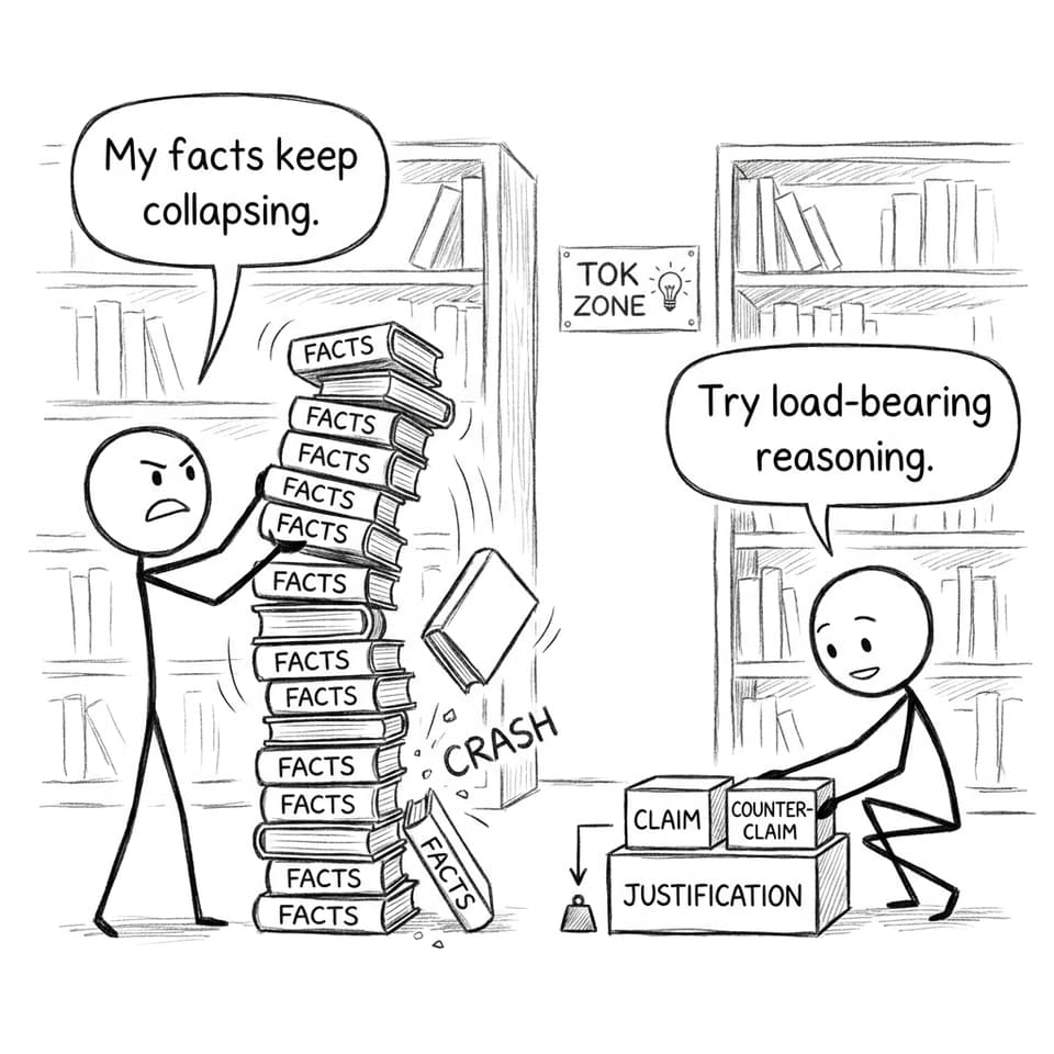 Two stick figures in a library: facts vs justification.