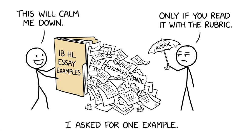 A student opens “IB HL Essay Examples” and papers avalanche