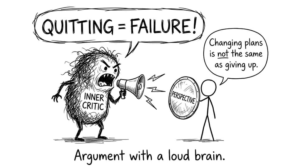 Inner critic yelling “QUITTING = FAILURE!” student holding shield “Perspective”