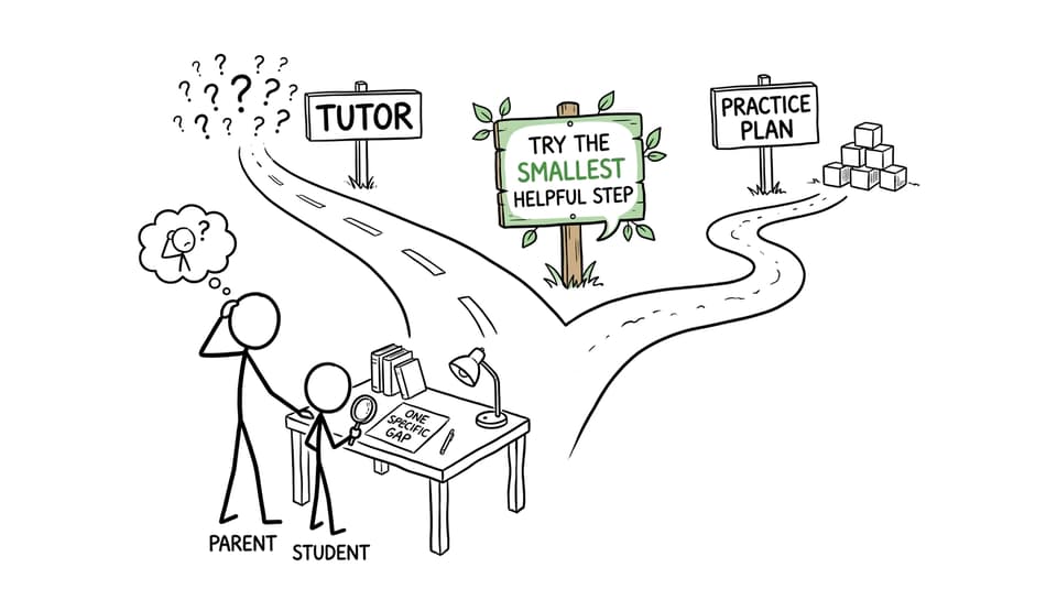 A parent and student choosing between tutoring and a practice plan after identifying one specific gap