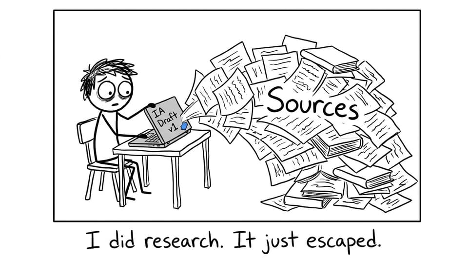 A comically huge stack of sources falls from a laptop