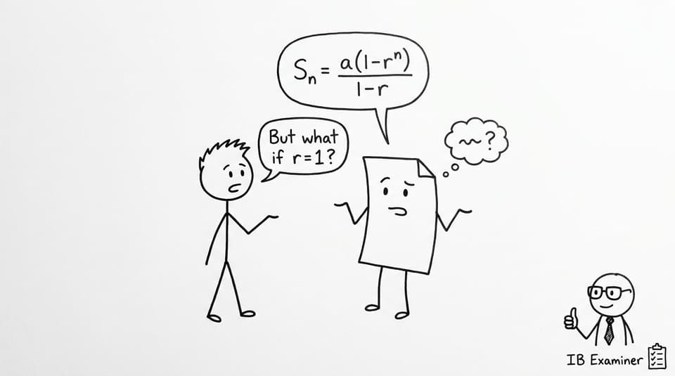 Student argues with formula sheet about r=1 while examiner approves
