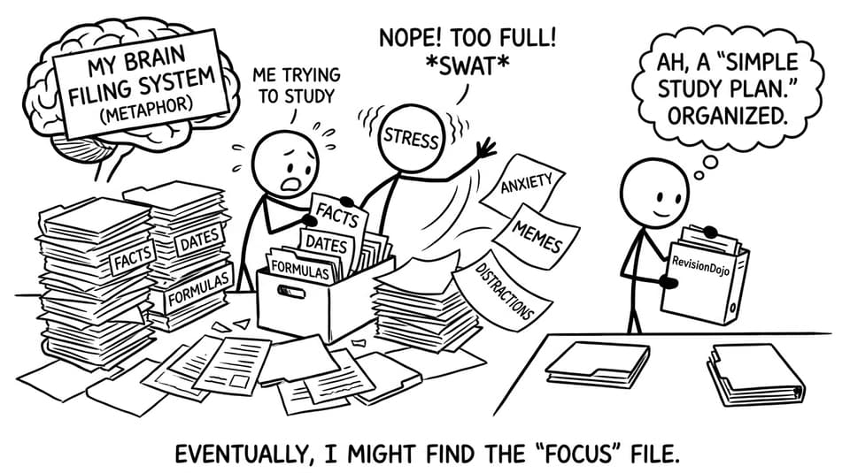 A cluttered brain-desk being tidied by a simple binder