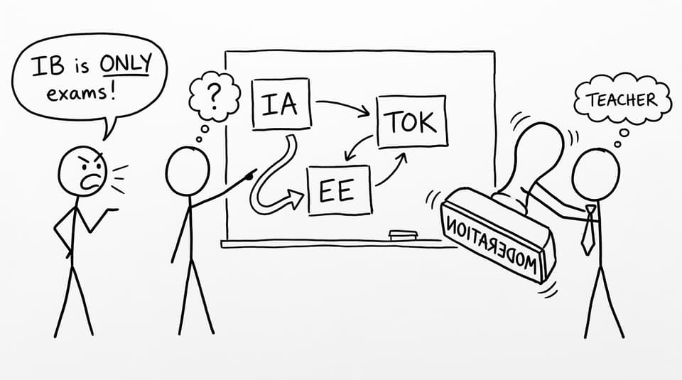 Three boxes “IA”, “TOK”, “EE” while someone shouts “IB is ONLY exams!”