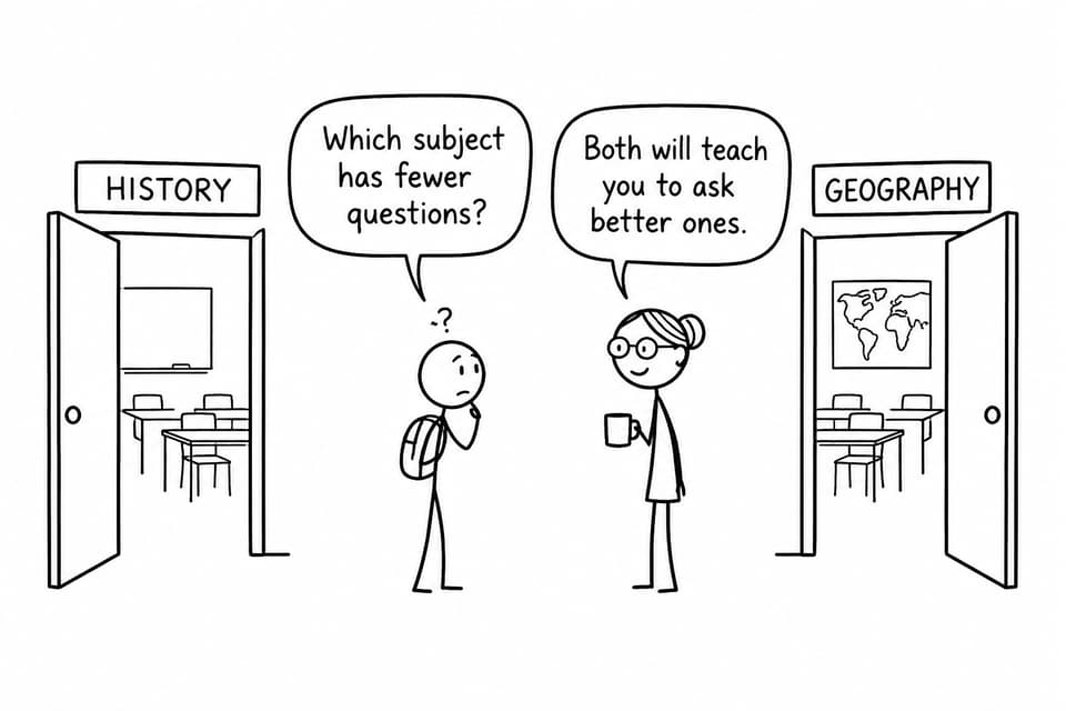 A student stands between History and Geography classroom doors while a teacher explains that both subjects teach better questions.