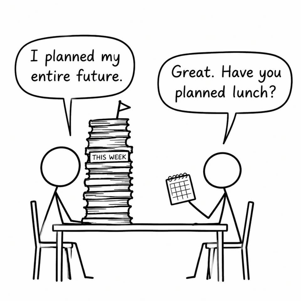 Two students discuss an enormous weekly workload while remembering to plan lunch