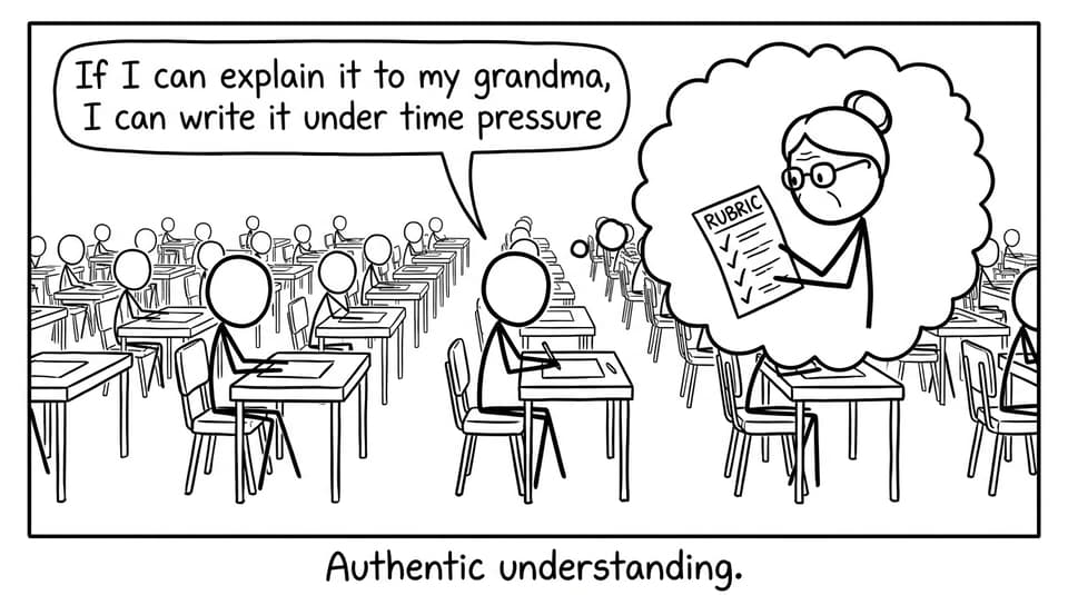 Exam hall thought bubble with grandma holding a rubric