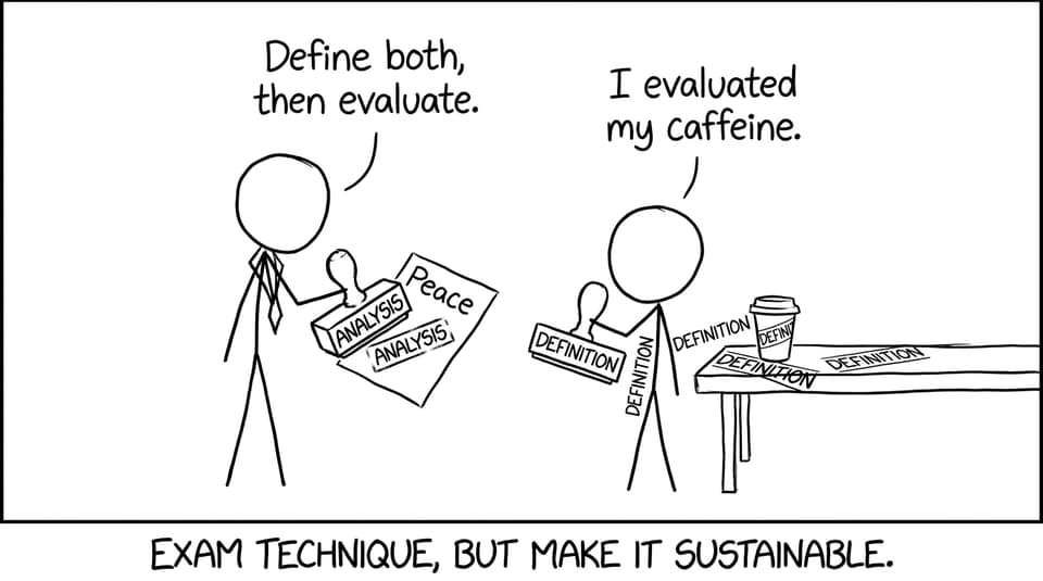 Define vs evaluate exam technique comic