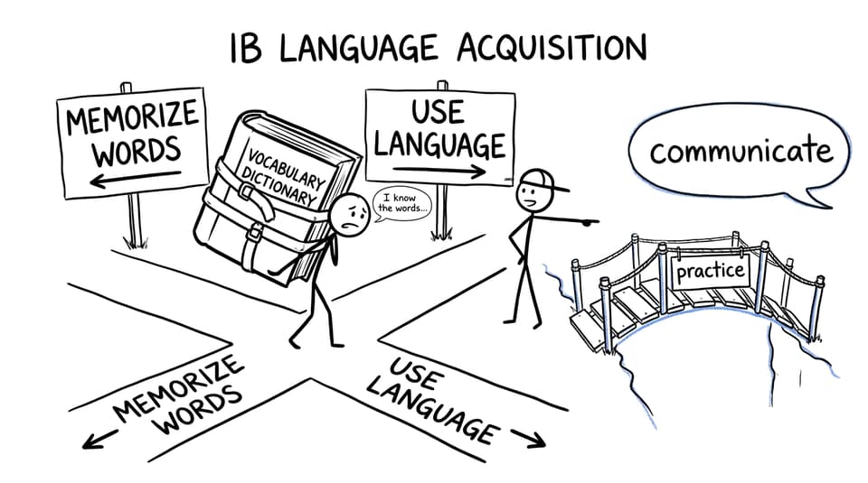 Comic showing a student moving from memorizing words to using language