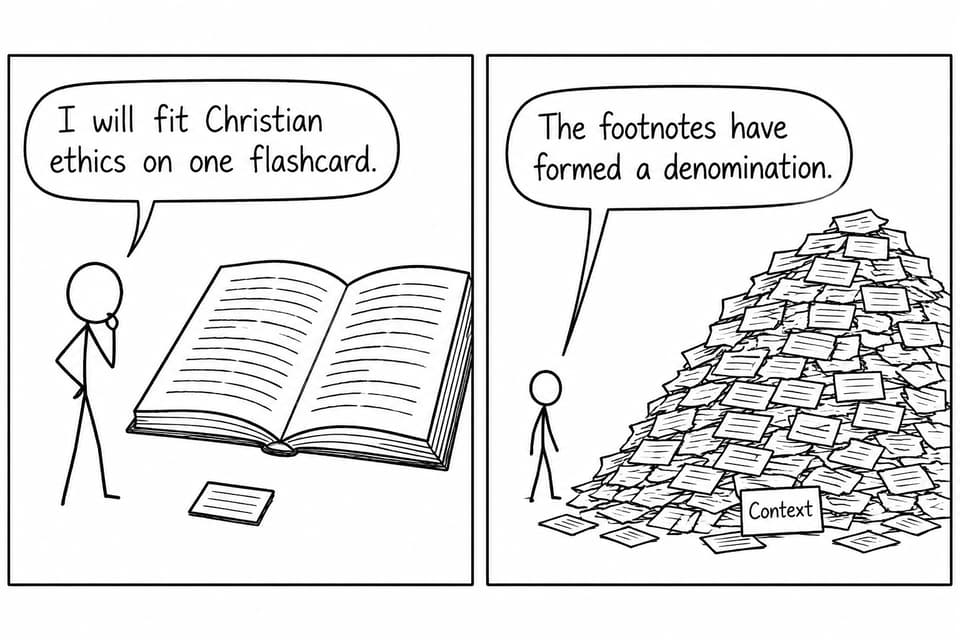 A student discovers that reducing Christian ethics to one flashcard creates a mountain of contextual notes.