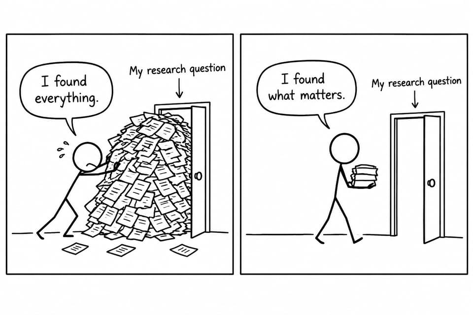 A student pushes a mountain of papers toward a narrow research-question doorway while selecting only the evidence that matters.