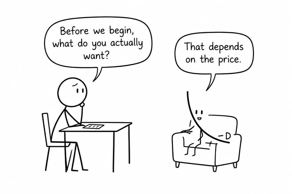 A puzzled student asks a demand curve what it wants, and the curve replies that it depends on the price