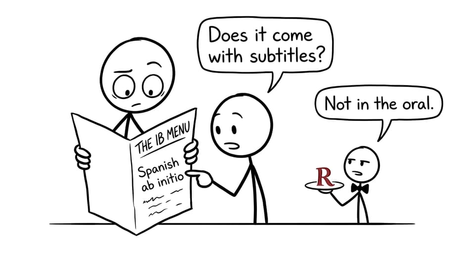 An XKCD-style parent trying to decode Spanish ab initio on the IB subject menu