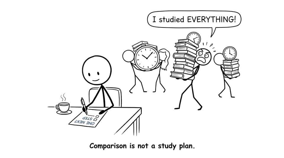 Comic showing a calm IB student focusing on one next step while classmates carry enormous book stacks