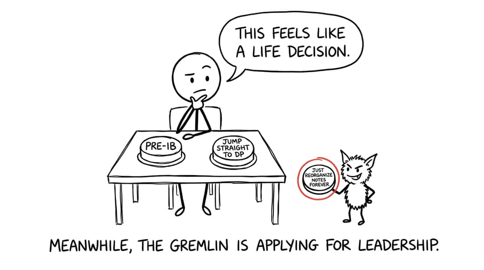 A student choosing between Pre-IB and DP while a procrastination gremlin offers chaos