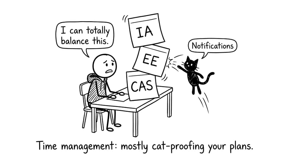 A student trying to balance IA, EE, and CAS while notifications sabotage the plan
