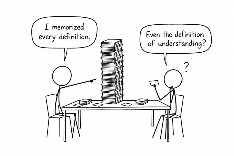 Two students joke about memorizing definitions without understanding them