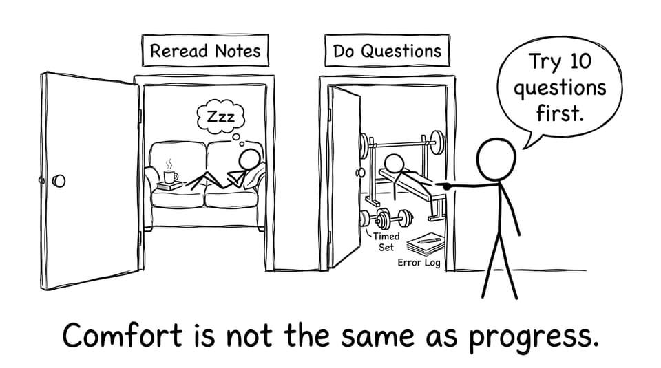 Two doors: reread notes to couch, do questions to gym with timed set and error log