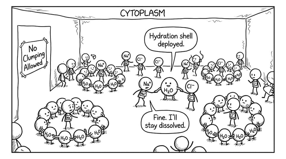 Hydration shells as bouncers at a cytoplasm party