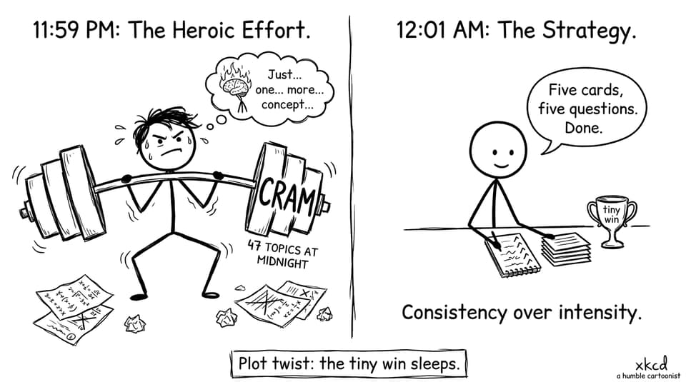 Two students: one lifting a midnight “CRAM” barbell, one doing tiny wins and sleeping