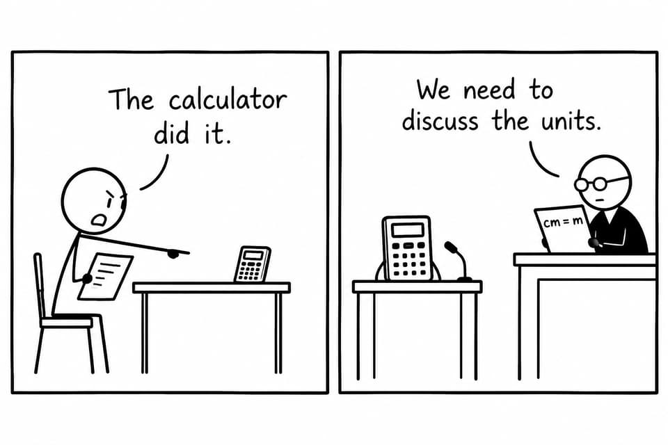A student blames a calculator while a judge points out that the units need attention