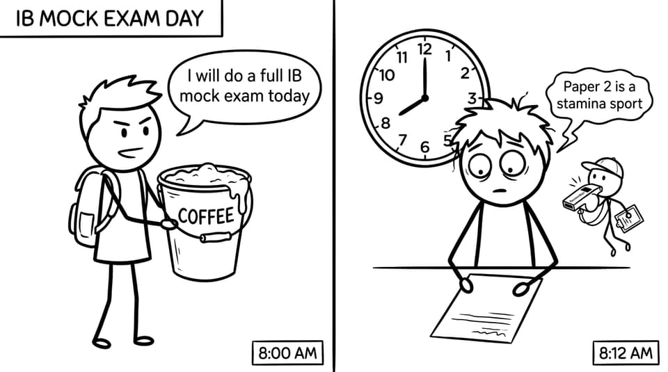 Two-panel gag about mock exam stamina