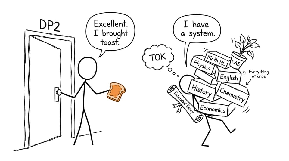 An IB student carries everything at once while a parent wisely brings toast