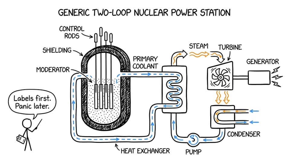 Humorous labelled nuclear power station diagram for IB Physics