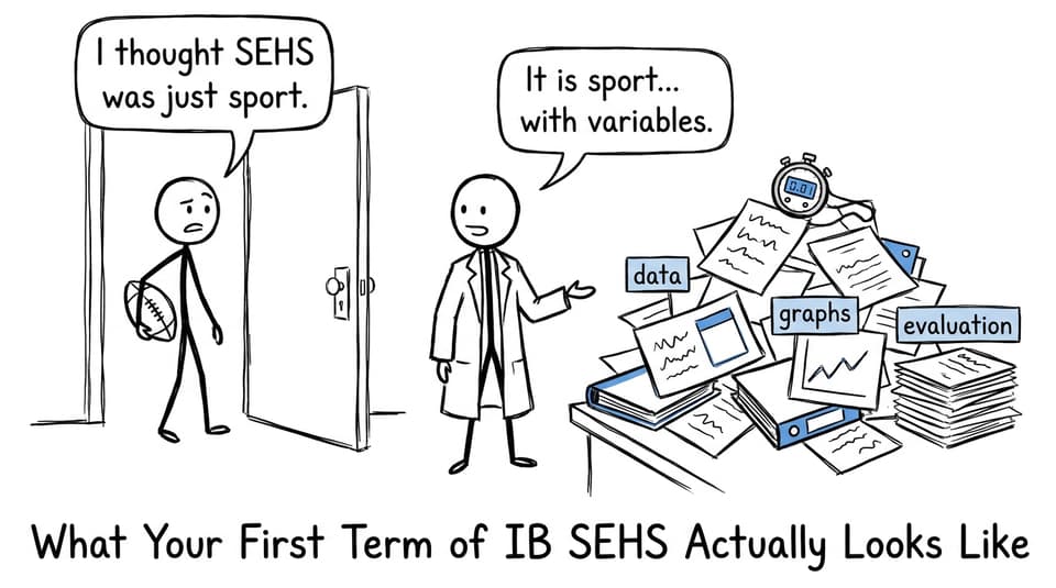 Comic showing a student discovering that SEHS involves variables, data, graphs, and evaluation