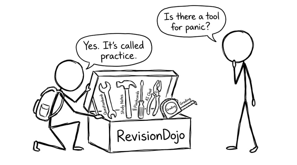A toolbox labeled RevisionDojo, plus a panic question