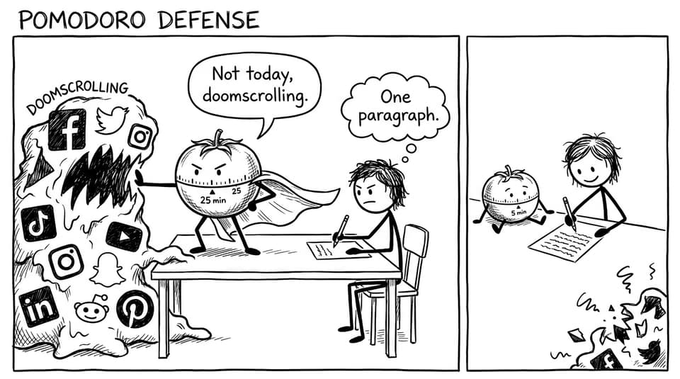Pomodoro superhero blocks doomscrolling while student writes one paragraph