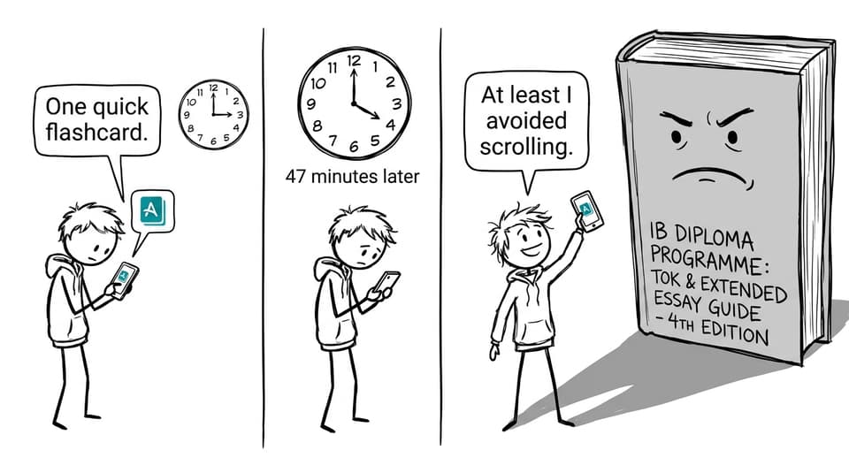 An IB student celebrates doing one flashcard while an offended textbook watches