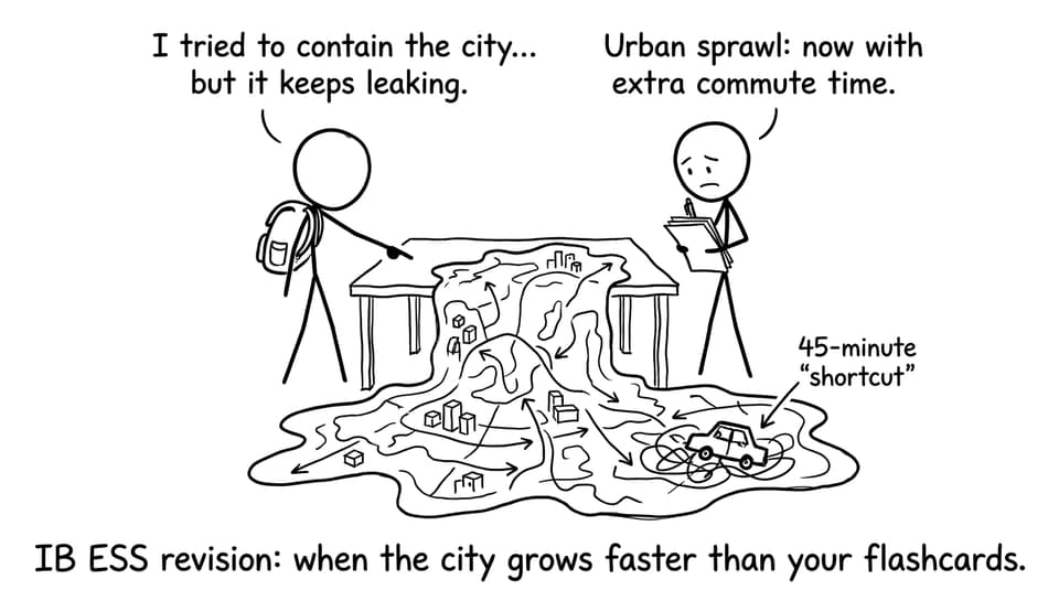 Two IB students watch a city map “leak” off a desk in a comic