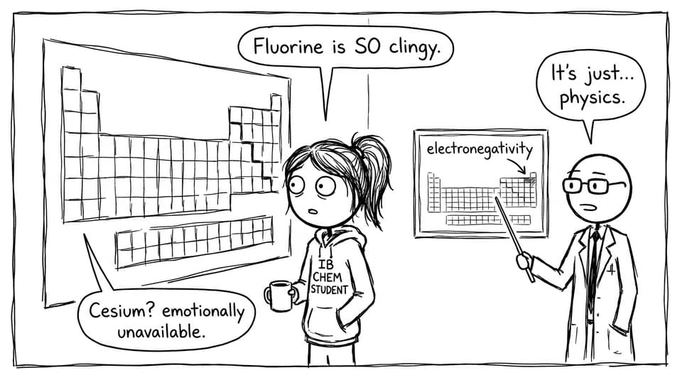 IB Chemistry student gossiping about the periodic table