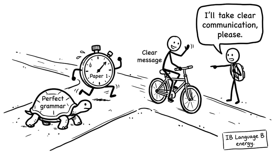Stopwatch racing a turtle labeled perfect grammar