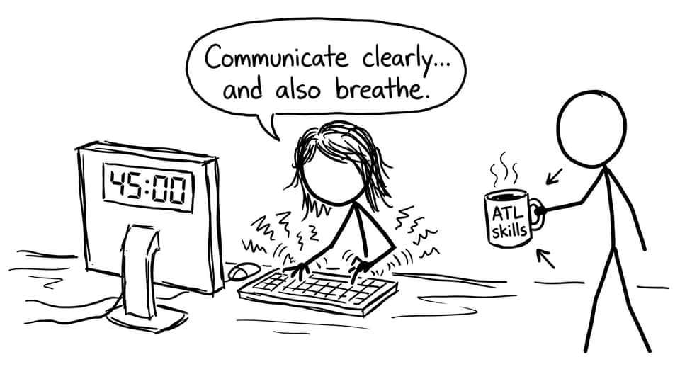 Timer panic + “communicate clearly” thought bubble