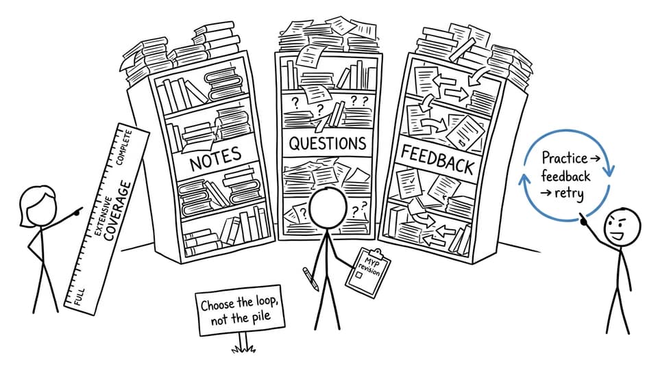 XKCD-style comic showing a student choosing a revision loop instead of simply measuring piles of resources