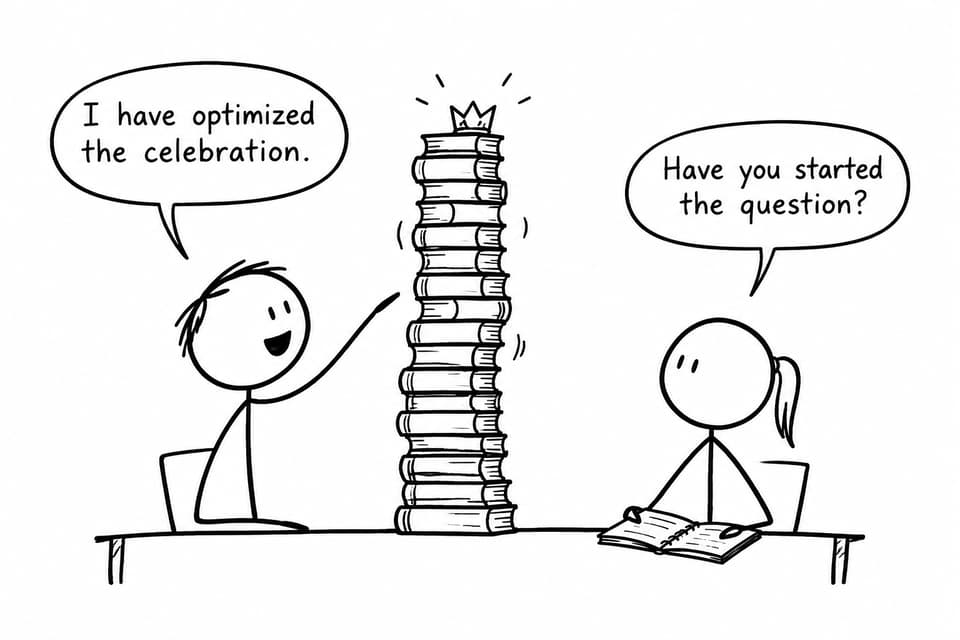 Two students contrast planning a celebration with beginning the actual question