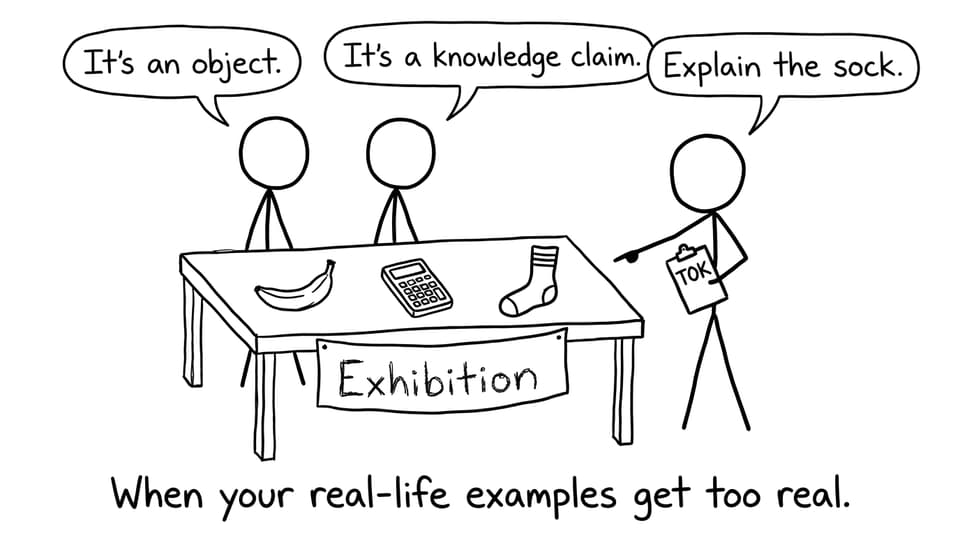 Three students present weird exhibition objects while a judge asks about a sock