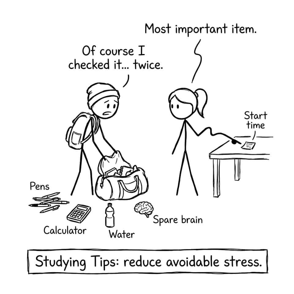 Student packing an exam bag like an expedition.