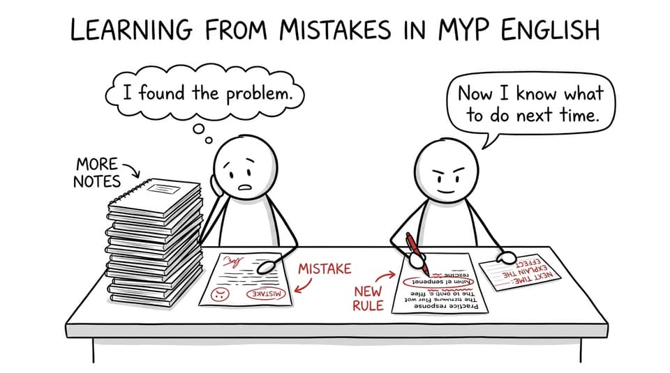 Comic showing a student turning an English mistake into a next-time rule